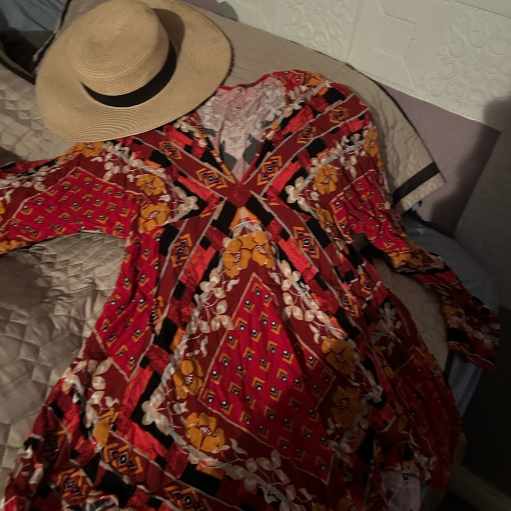 Free People Red and Black Floral Long Sleeve Dress